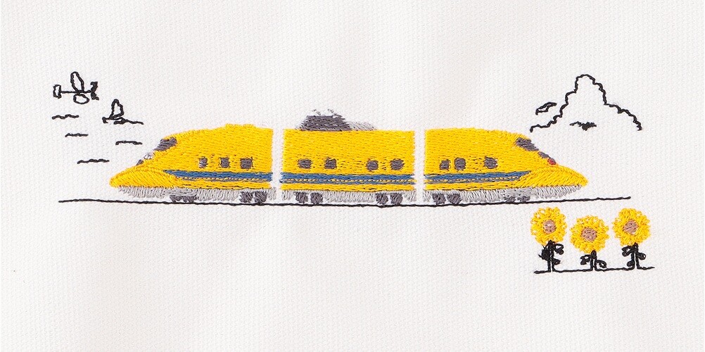 東海道新幹線の歴代車両とドクターイエローを刺繍でデザインした